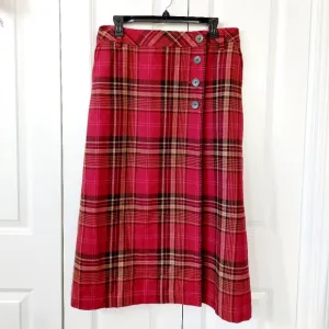Red Plaid Wool Wrap Maxi Skirt size 8 Petite Eddie Bauer Wool #5289 Christmas‎