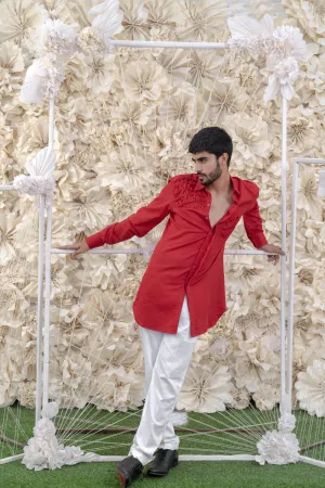 RED SMOCKING SHORT KURTA/TUXEDO SHIRT SET