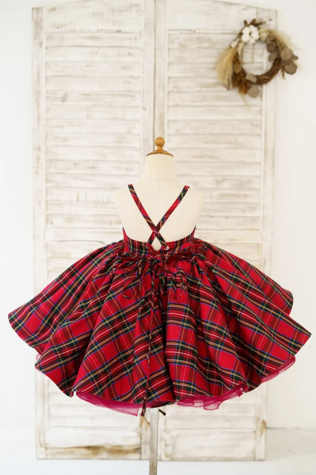 Red Tartan Straps Sweetheart Wedding Flower Girl Dress Christmas Gown