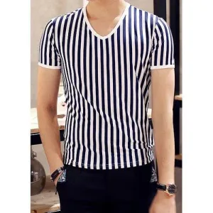Refreshing V-Neck Classic Stripes Print Slimming Short Sleeves Men's T-Shirt - Stripe Xl