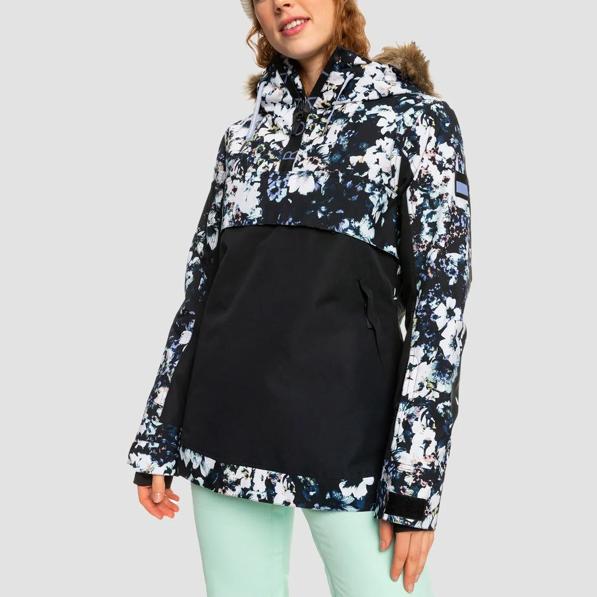 Roxy Shelter 10K Pullover Snow Jacket True Black Black Flowers - Womens