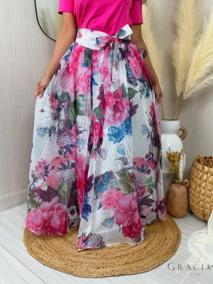 S25029P - FLORAL PLEATED LONG SKIRT