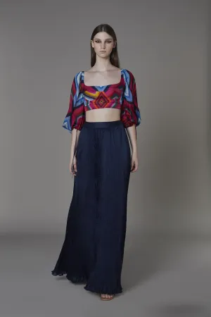 Saaksha & KinniÂ    I   Pink blue big diamond bustier with attached balloon sleeves  Navy blue non print pleated skirt Blouse - Satin  Skirt - Chiffon Blouse - Pink / blue  Skirt - Navy Blue   SS22102    SS22103