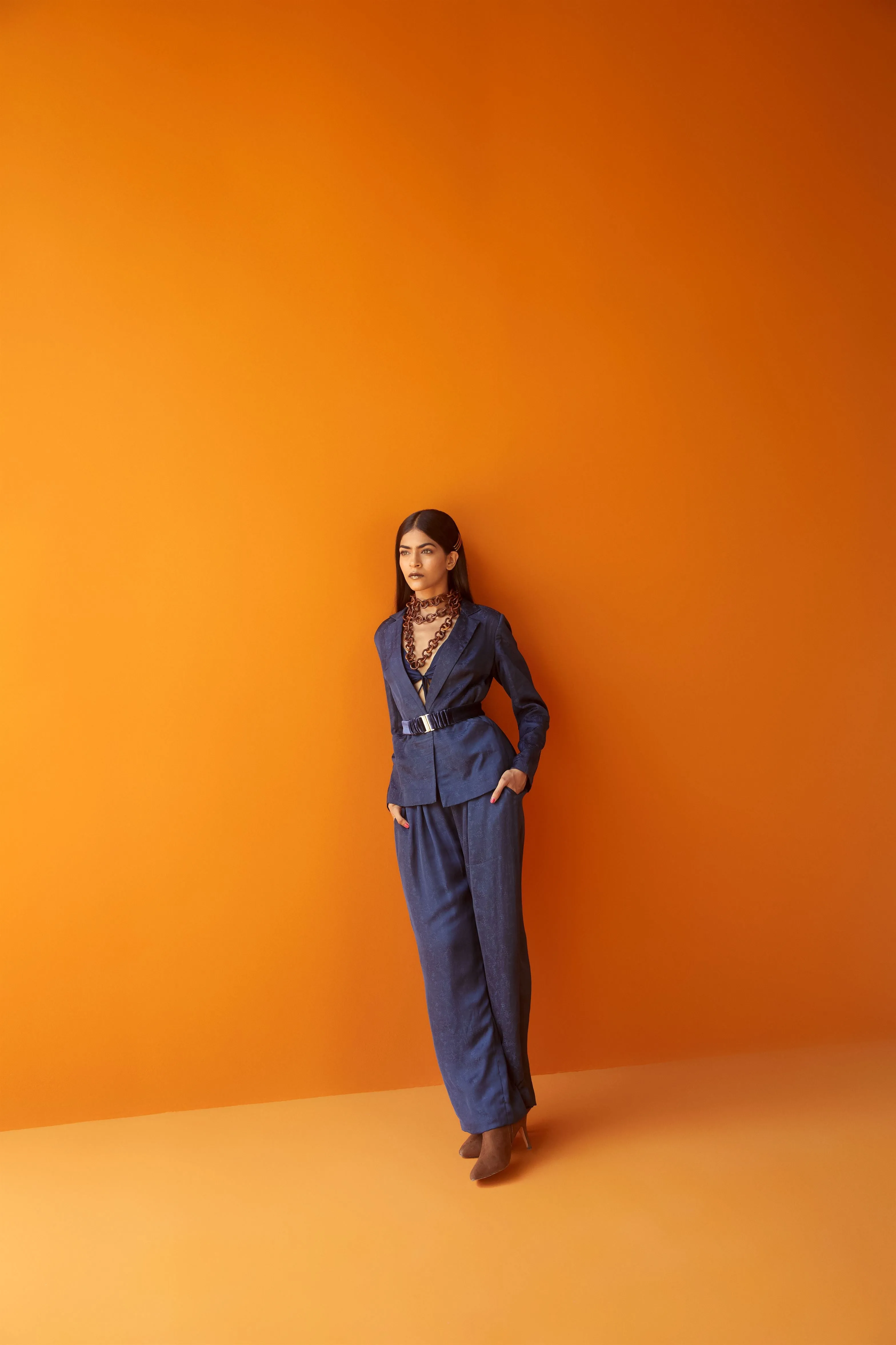 Sakshi Khetterpal  I  Pant-Suit Set Pant  Blazer  Bralette With Belt = 3Pcs Blueberry SK-046 A/W2024 Seasons