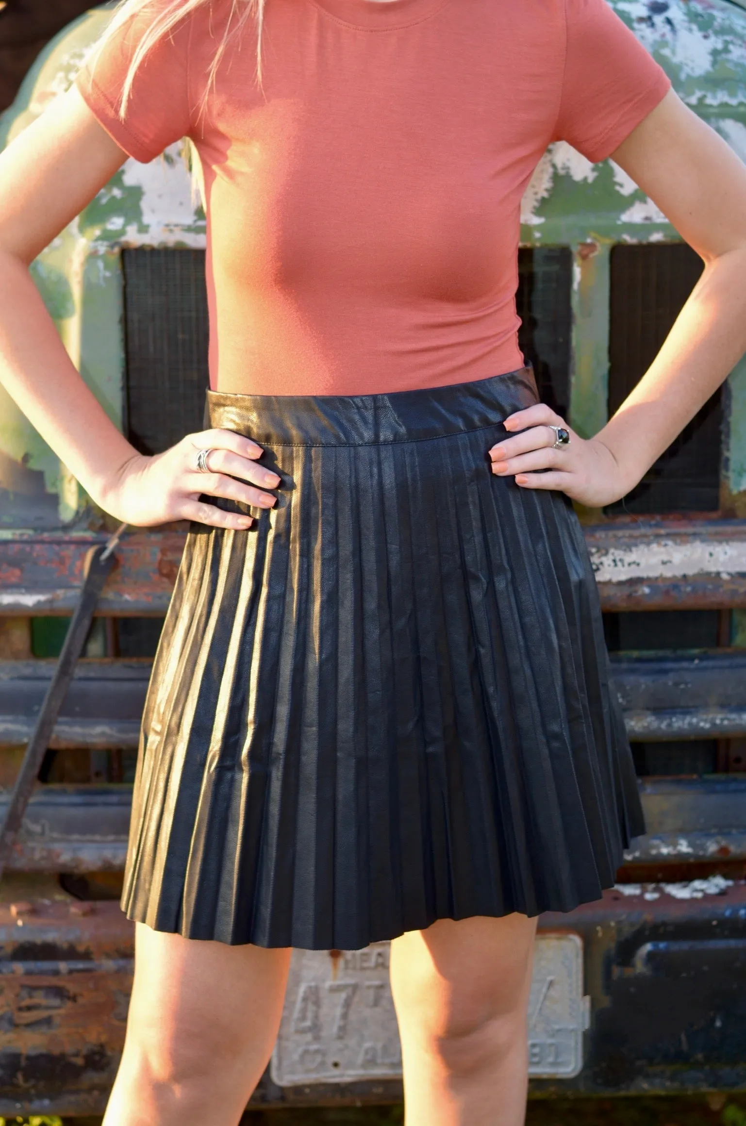 Sammie Leather Pleated Mini Skirt - Black