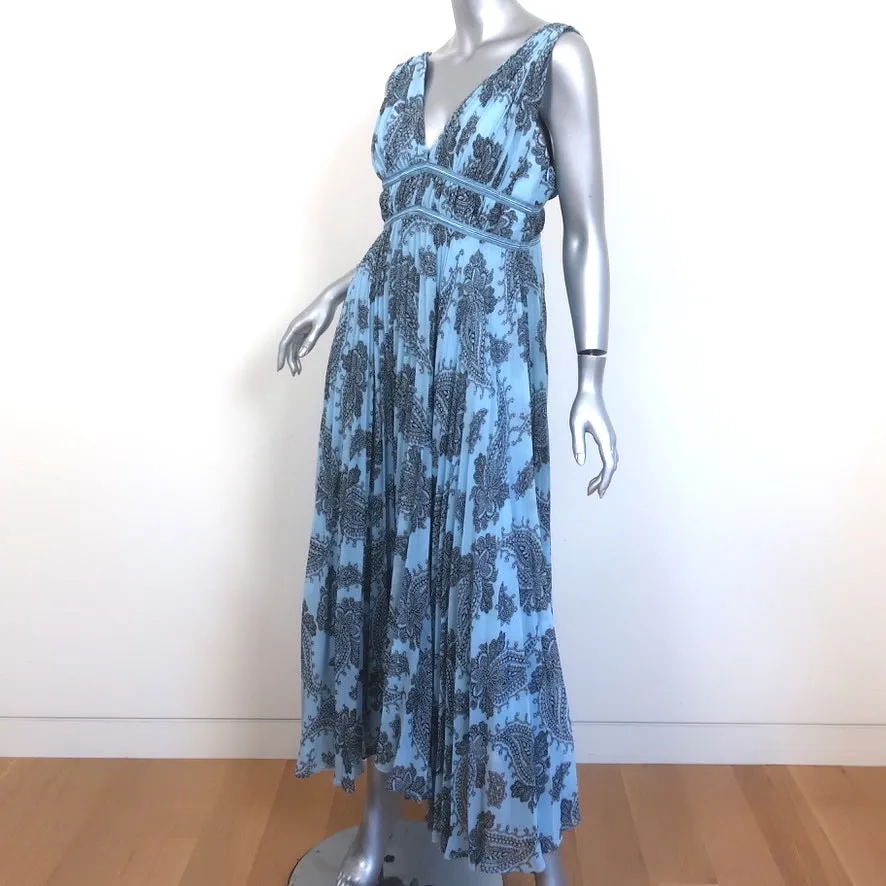 Sandro Sleeveless Maxi Dress Beathe Blue Paisley Print Pleated Crepe Size 40