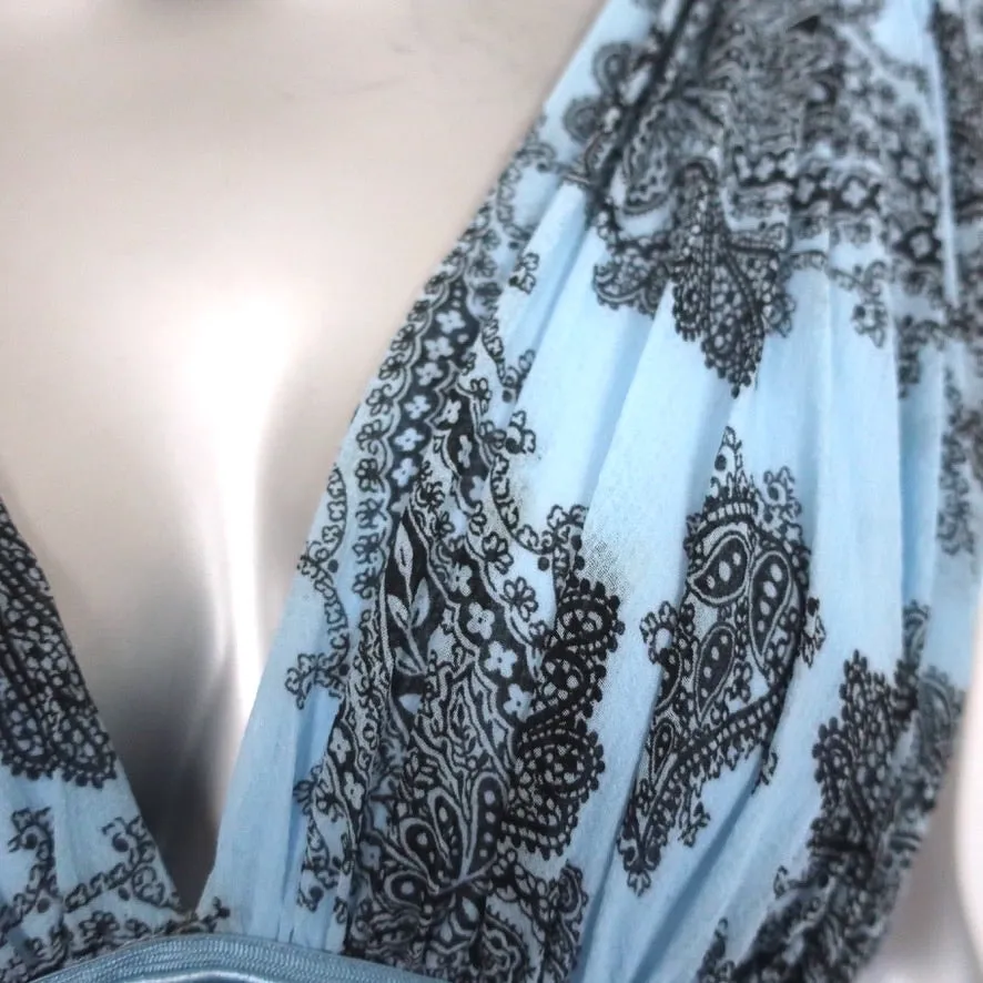 Sandro Sleeveless Maxi Dress Beathe Blue Paisley Print Pleated Crepe Size 40