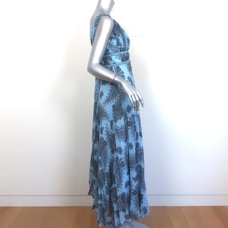 Sandro Sleeveless Maxi Dress Beathe Blue Paisley Print Pleated Crepe Size 40