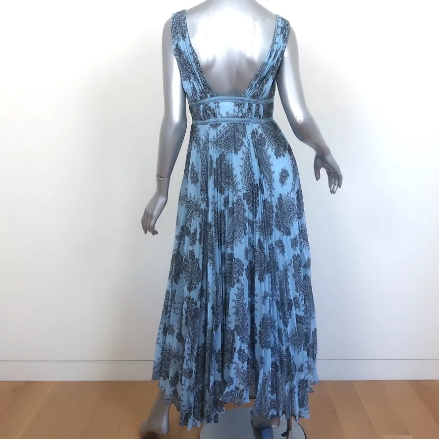 Sandro Sleeveless Maxi Dress Beathe Blue Paisley Print Pleated Crepe Size 40