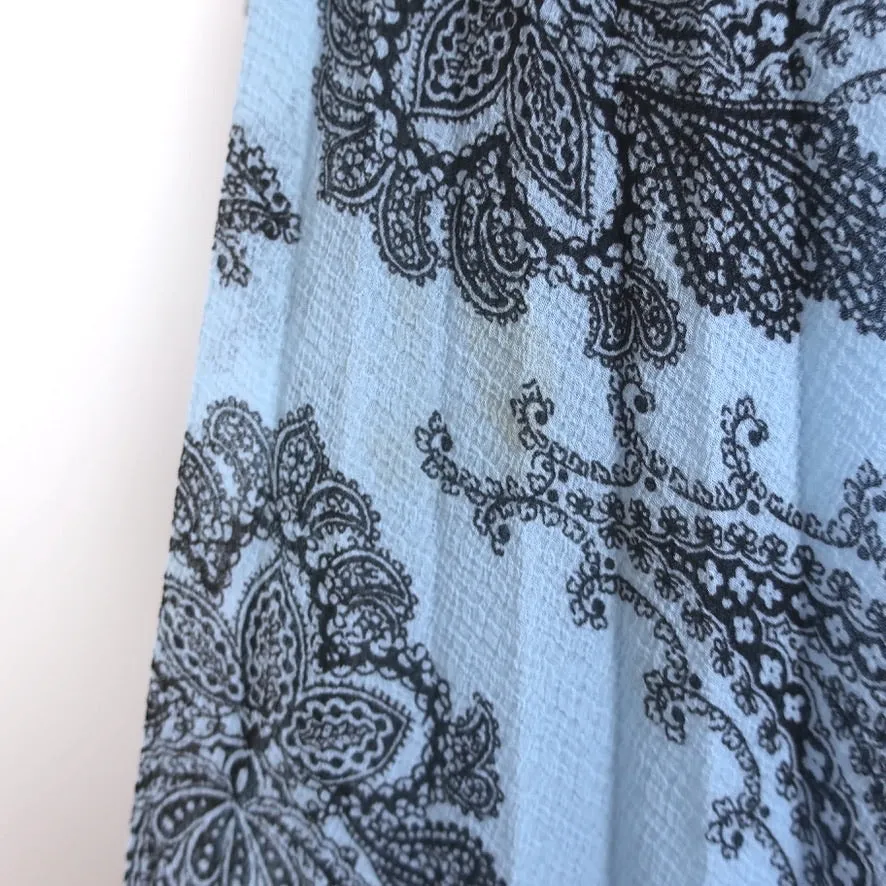 Sandro Sleeveless Maxi Dress Beathe Blue Paisley Print Pleated Crepe Size 40