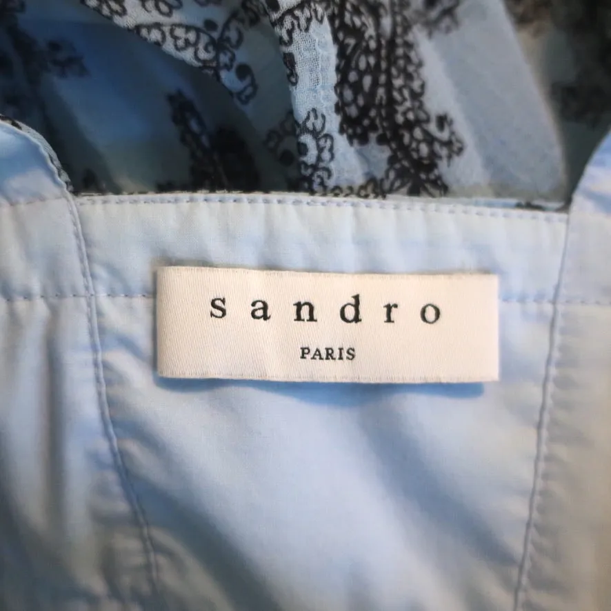 Sandro Sleeveless Maxi Dress Beathe Blue Paisley Print Pleated Crepe Size 40