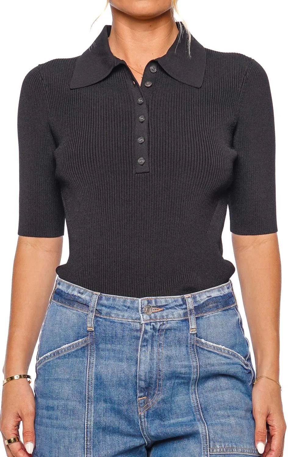 Secily Black Knit Polo Top