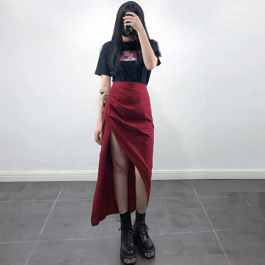 Side Slit Check Asymmetric Hem Skirt J40170