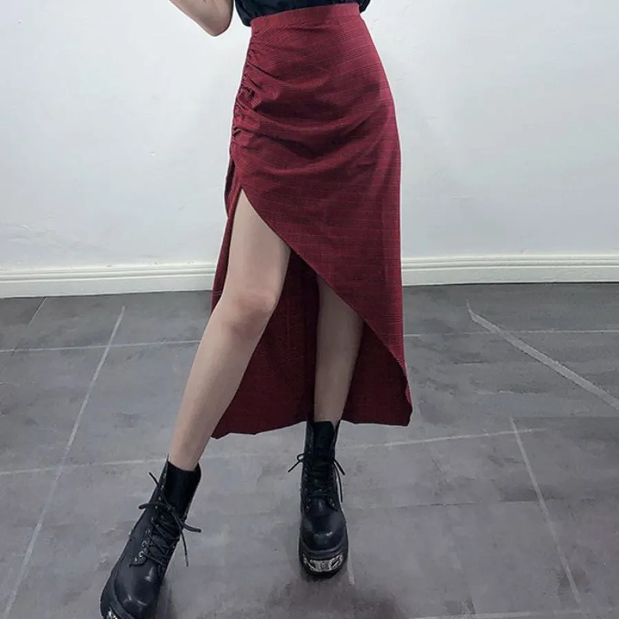 Side Slit Check Asymmetric Hem Skirt J40170