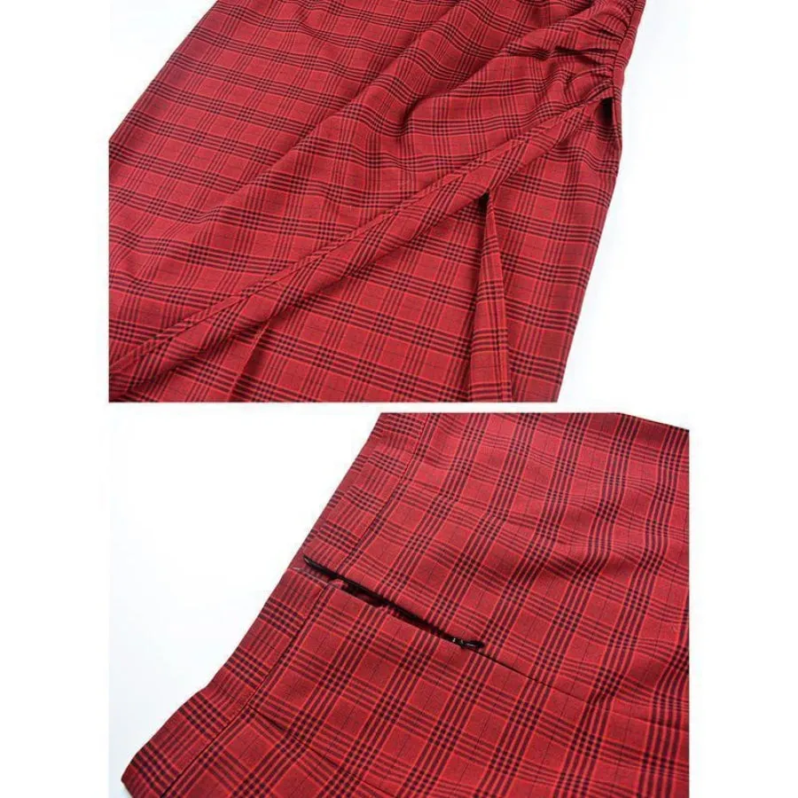 Side Slit Check Asymmetric Hem Skirt J40170