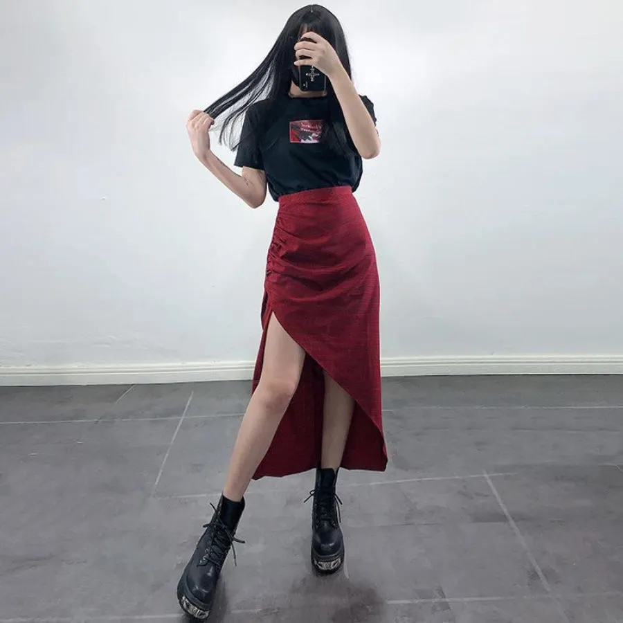 Side Slit Check Asymmetric Hem Skirt J40170