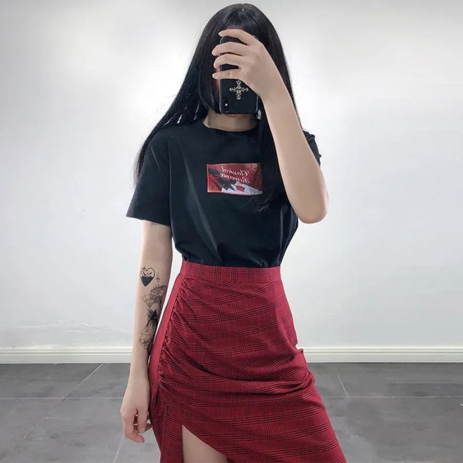 Side Slit Check Asymmetric Hem Skirt J40170
