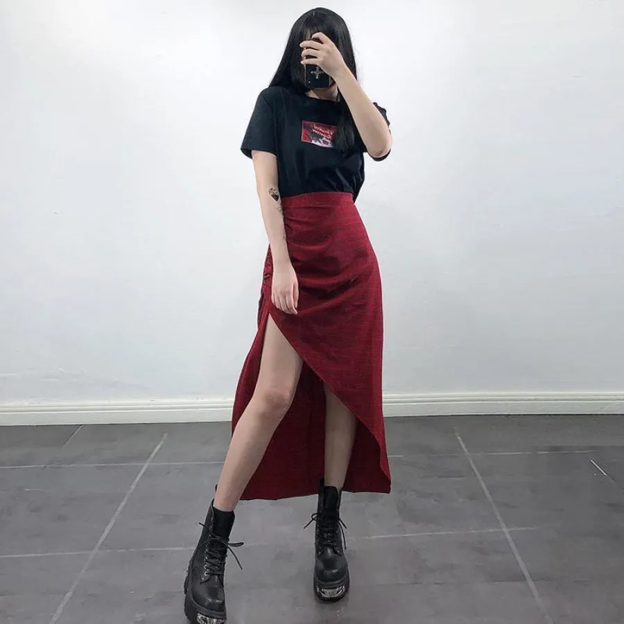Side Slit Check Asymmetric Hem Skirt J40170