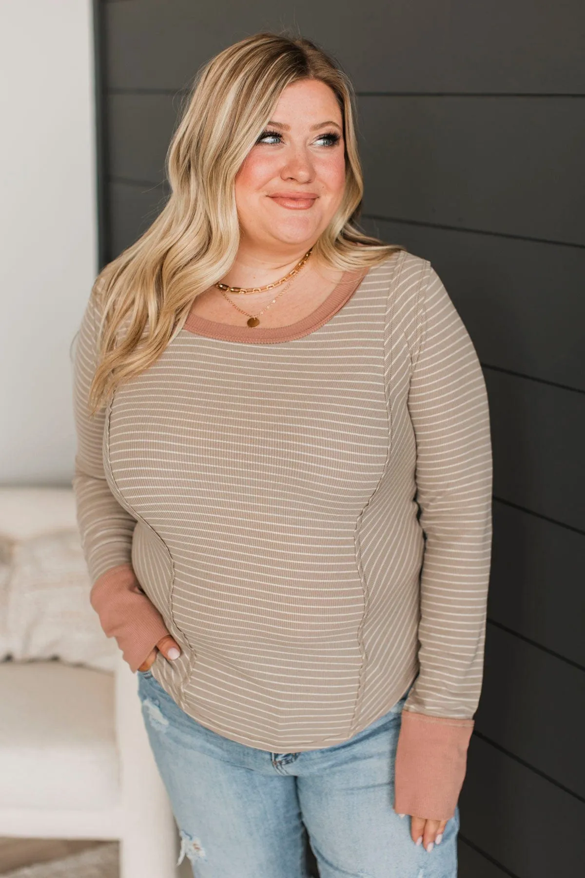 Simply Compelling Striped Top- Taupe