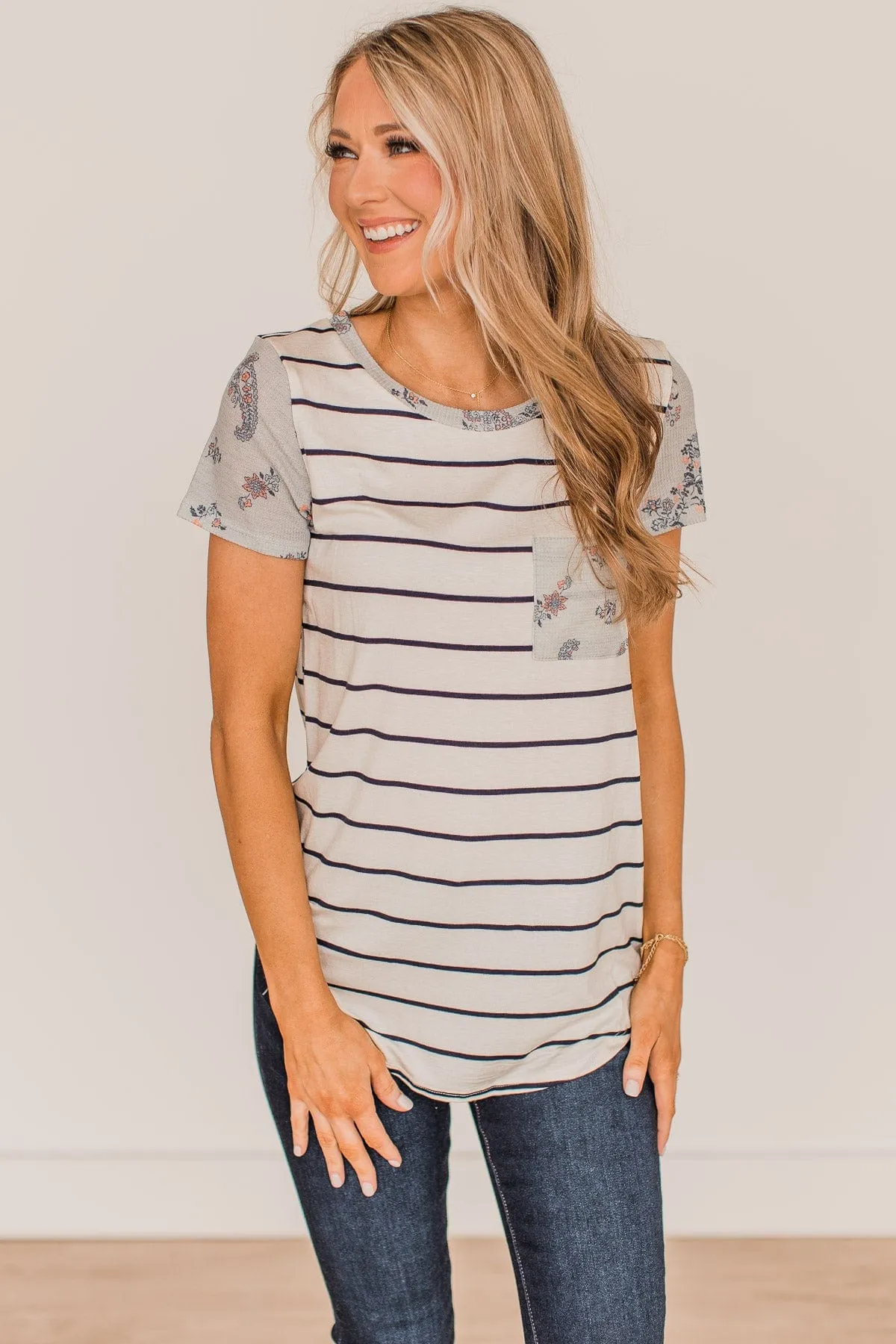 Standing Together Striped Pocket Top- Ivory & Navy