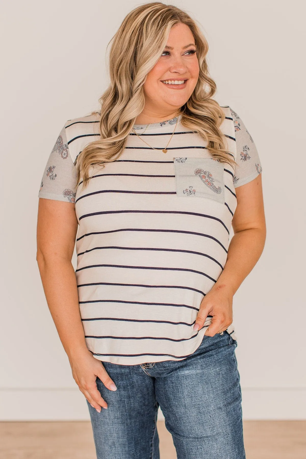 Standing Together Striped Pocket Top- Ivory & Navy