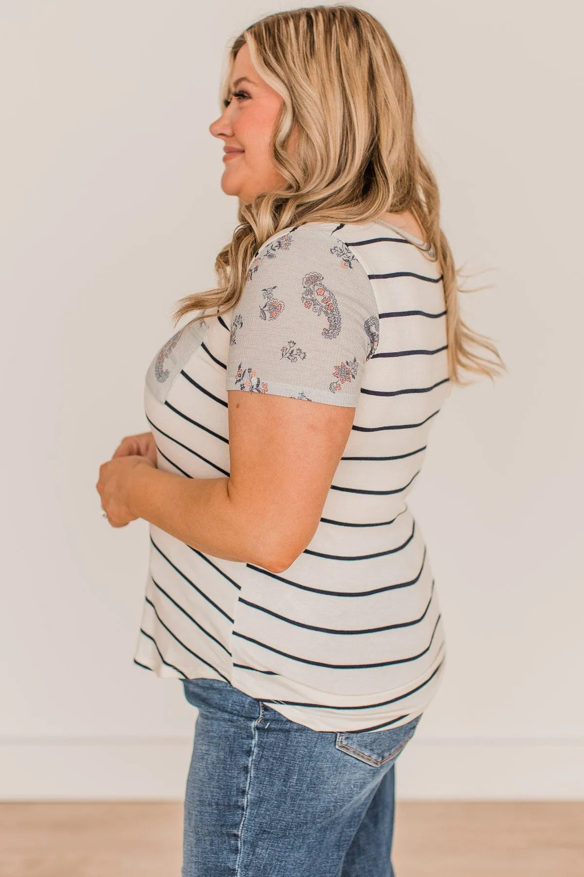 Standing Together Striped Pocket Top- Ivory & Navy