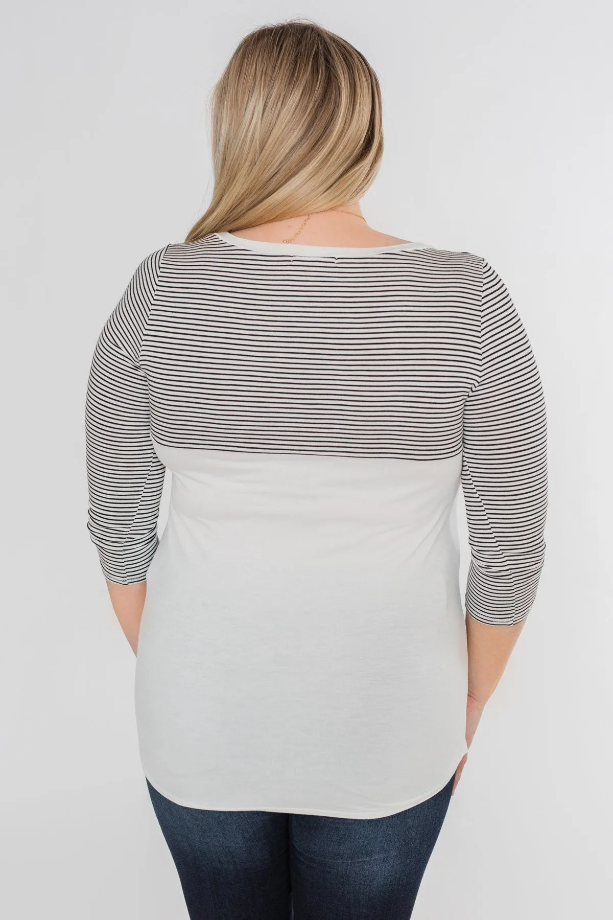 Striped 3/4 Sleeve Pocket Top- Magenta