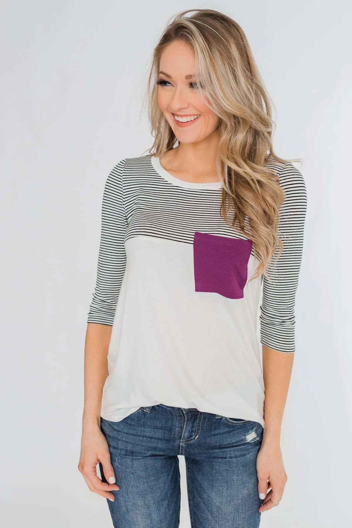 Striped 3/4 Sleeve Pocket Top- Magenta