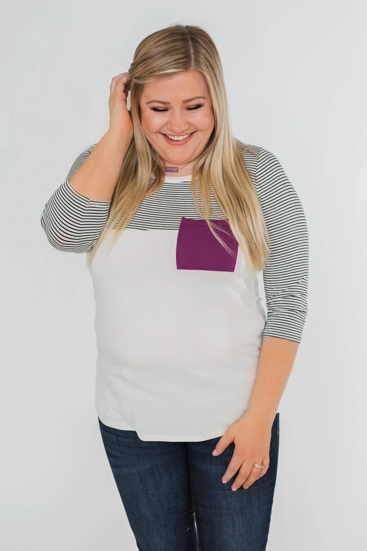 Striped 3/4 Sleeve Pocket Top- Magenta
