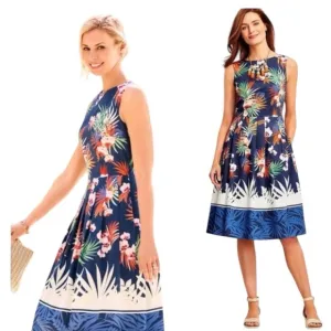 Talbots Botanical High Neckline Pleat Fit &amp; Flare Tropical Knee Length Dress -4