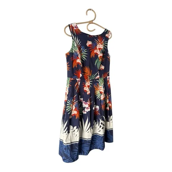 Talbots Botanical High Neckline Pleat Fit &amp; Flare Tropical Knee Length Dress -4