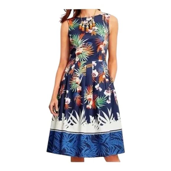 Talbots Botanical High Neckline Pleat Fit &amp; Flare Tropical Knee Length Dress -4