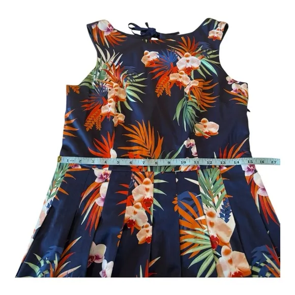 Talbots Botanical High Neckline Pleat Fit &amp; Flare Tropical Knee Length Dress -4