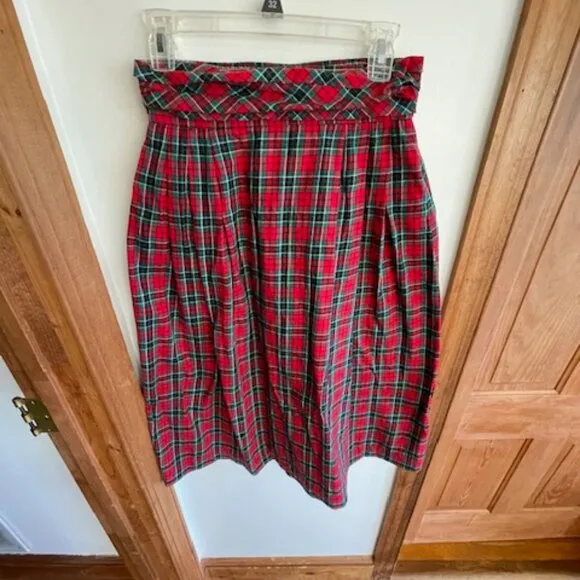 TALBOTS Pleated Elastic  Waist Red Stewart Plaid Vintage Maxi Skirt 10P