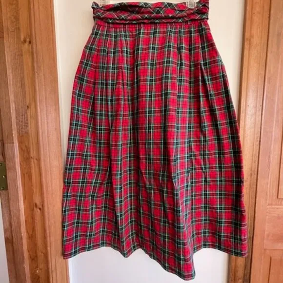 TALBOTS Pleated Elastic  Waist Red Stewart Plaid Vintage Maxi Skirt 10P