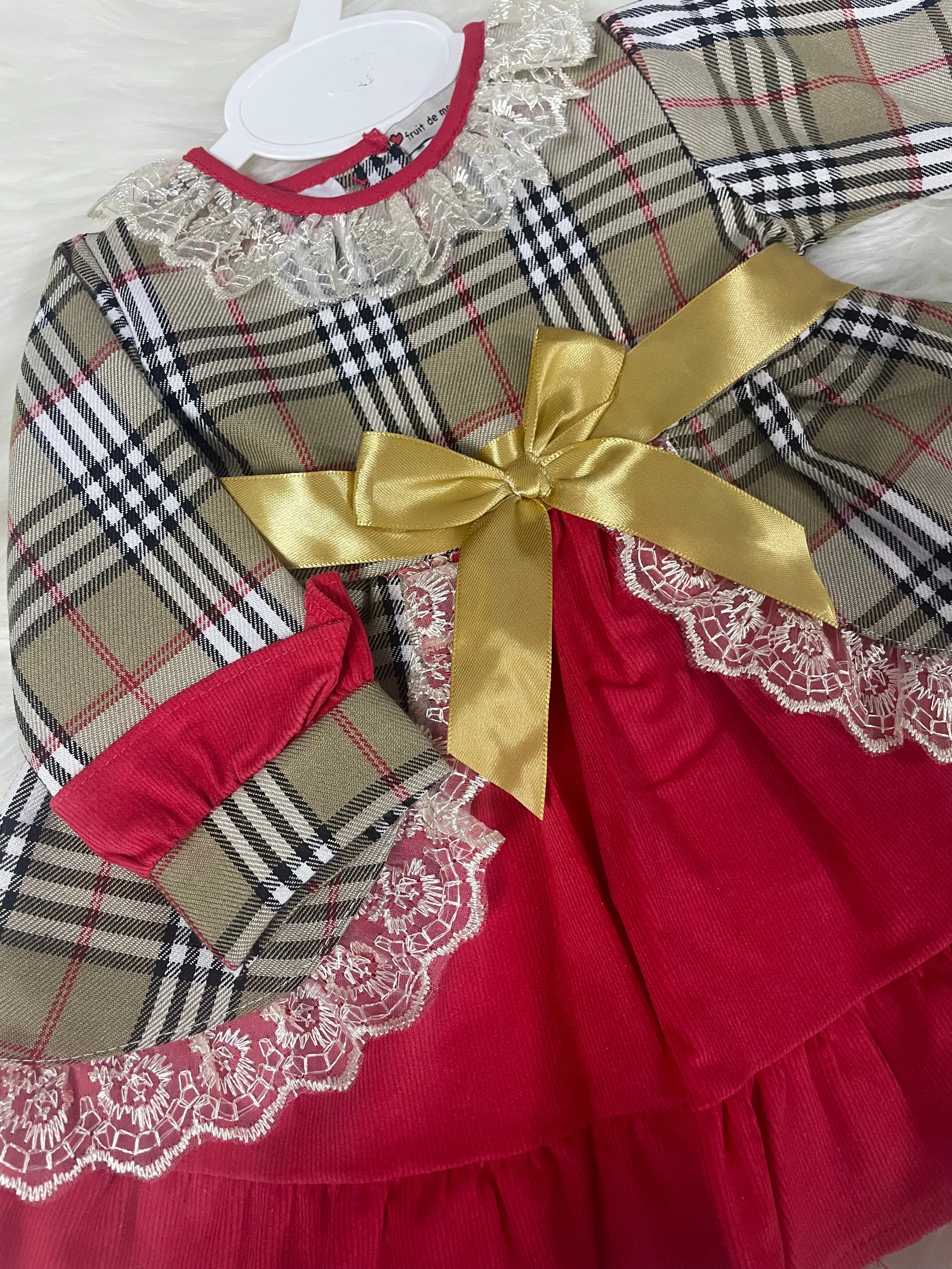 Tartan Gold Bow Dress - Beige