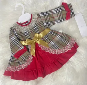 Tartan Gold Bow Dress - Beige