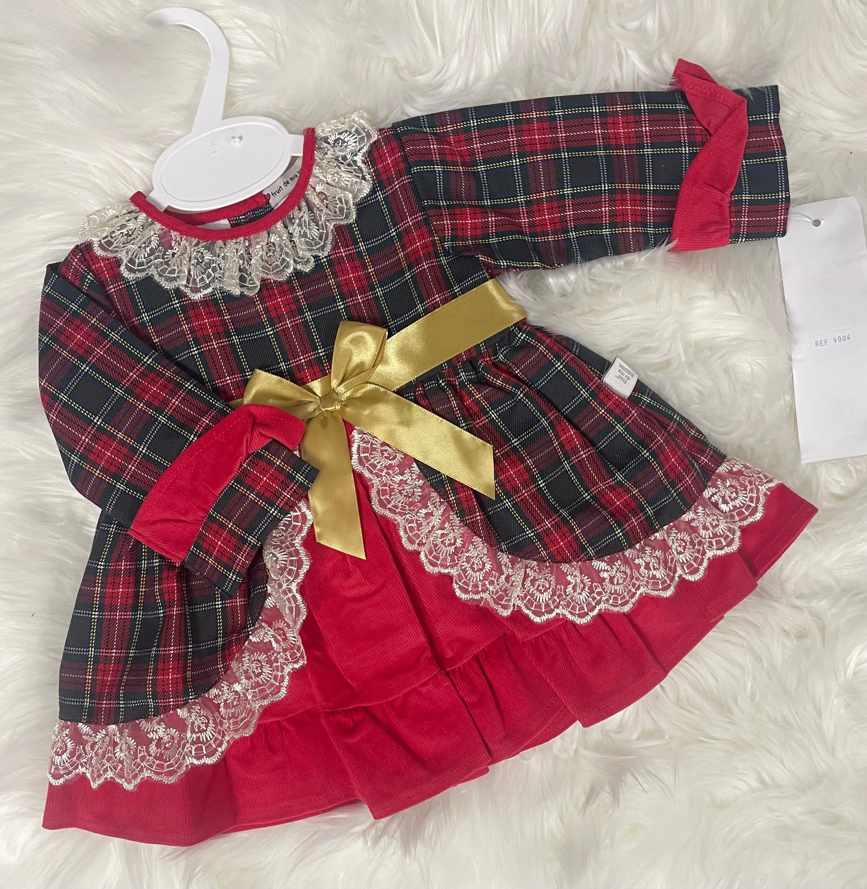 Tartan Gold Bow Dress - Green