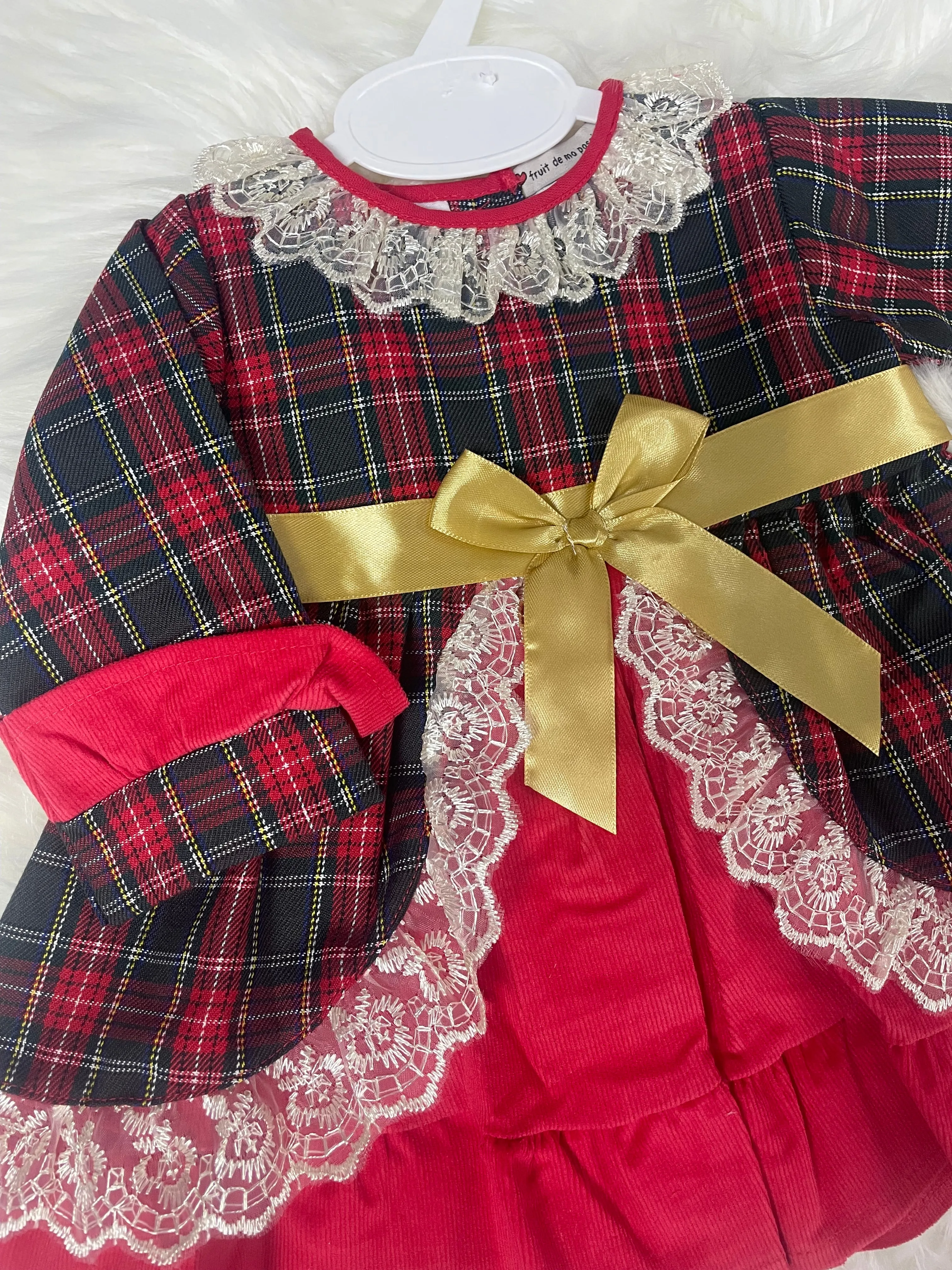 Tartan Gold Bow Dress - Green