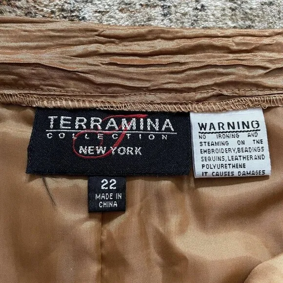 Terramina Pleated Crinkle Gold Bronze Midi Skirt 22 Lined Metallic USA Vintage