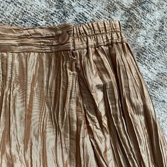 Terramina Pleated Crinkle Gold Bronze Midi Skirt 22 Lined Metallic USA Vintage
