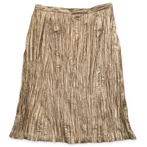 Terramina Pleated Crinkle Gold Bronze Midi Skirt 22 Lined Metallic USA Vintage