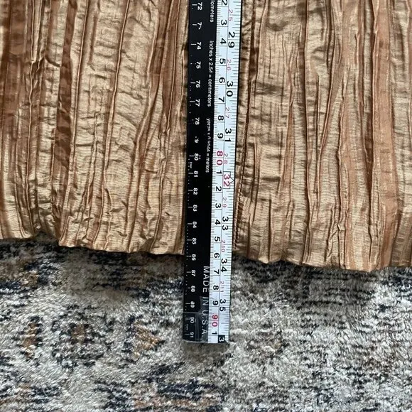 Terramina Pleated Crinkle Gold Bronze Midi Skirt 22 Lined Metallic USA Vintage