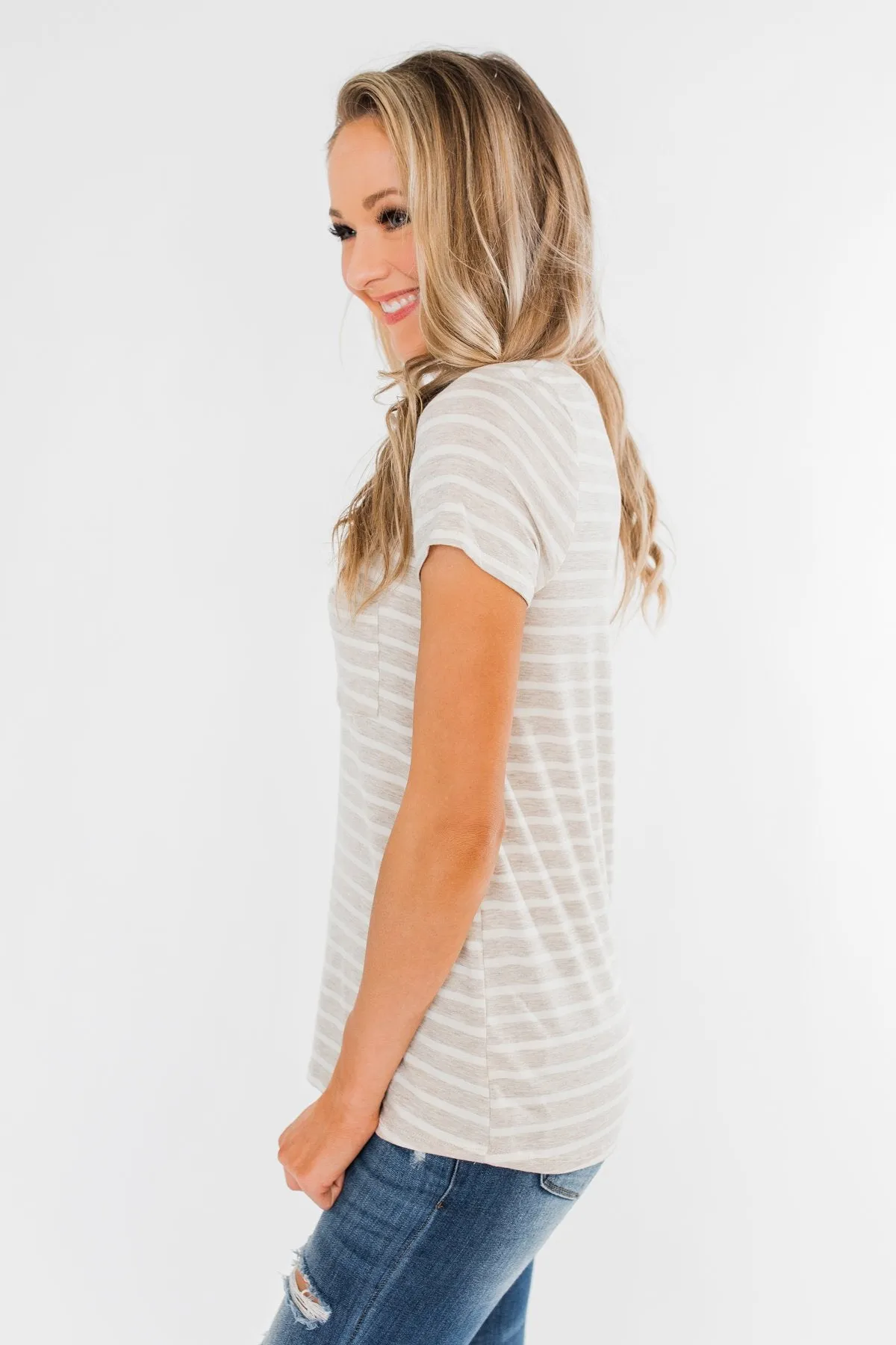 This is Me Striped Notch Pocket Top- Oatmeal & Ivory