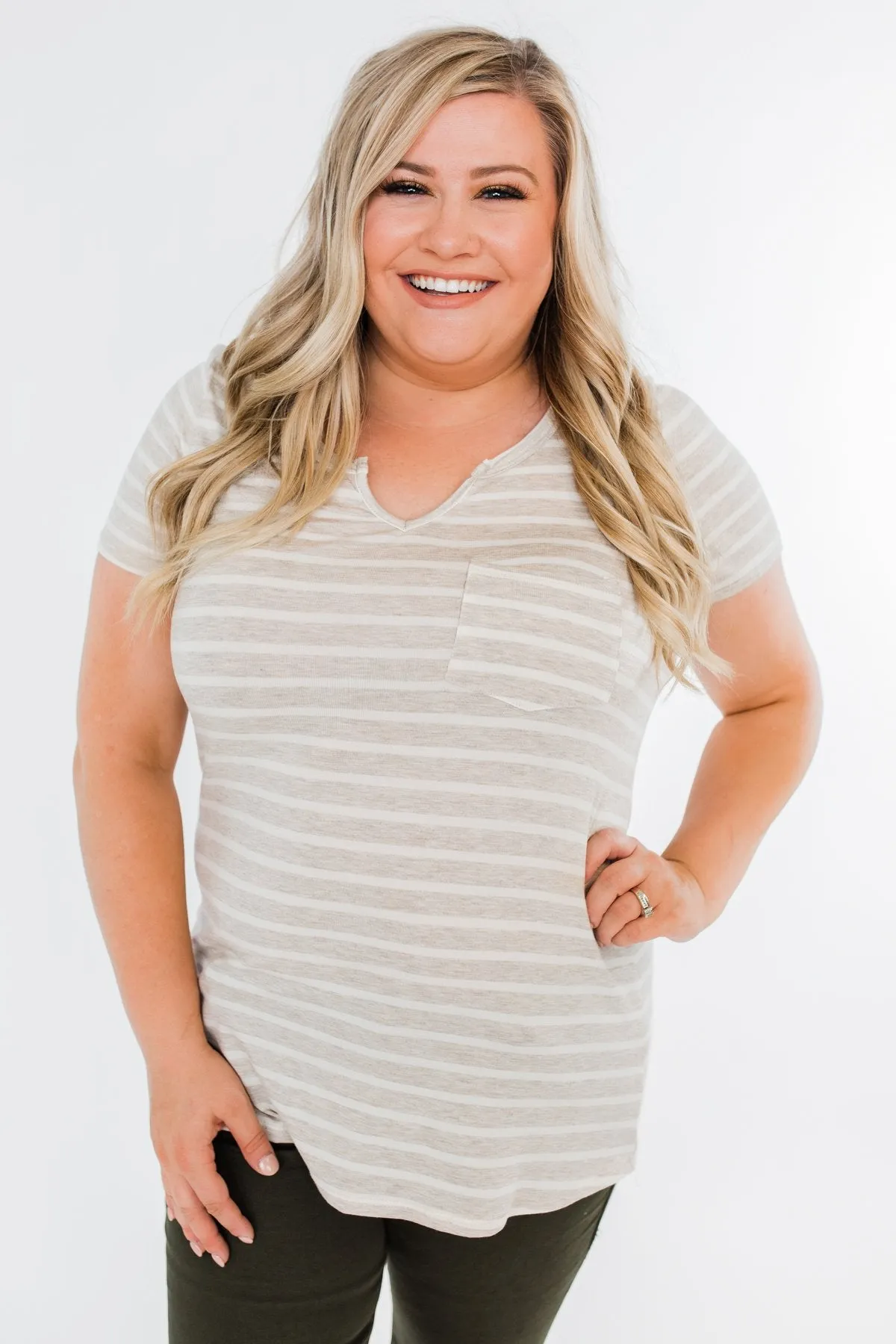 This is Me Striped Notch Pocket Top- Oatmeal & Ivory