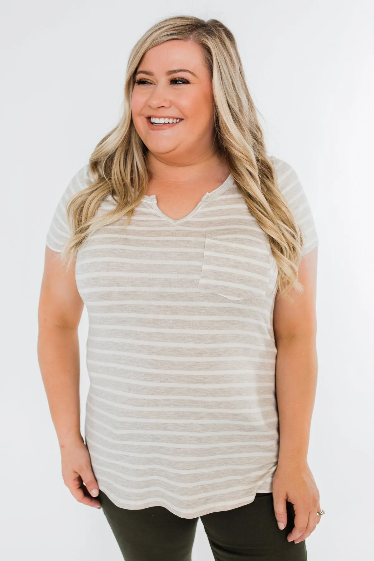 This is Me Striped Notch Pocket Top- Oatmeal & Ivory