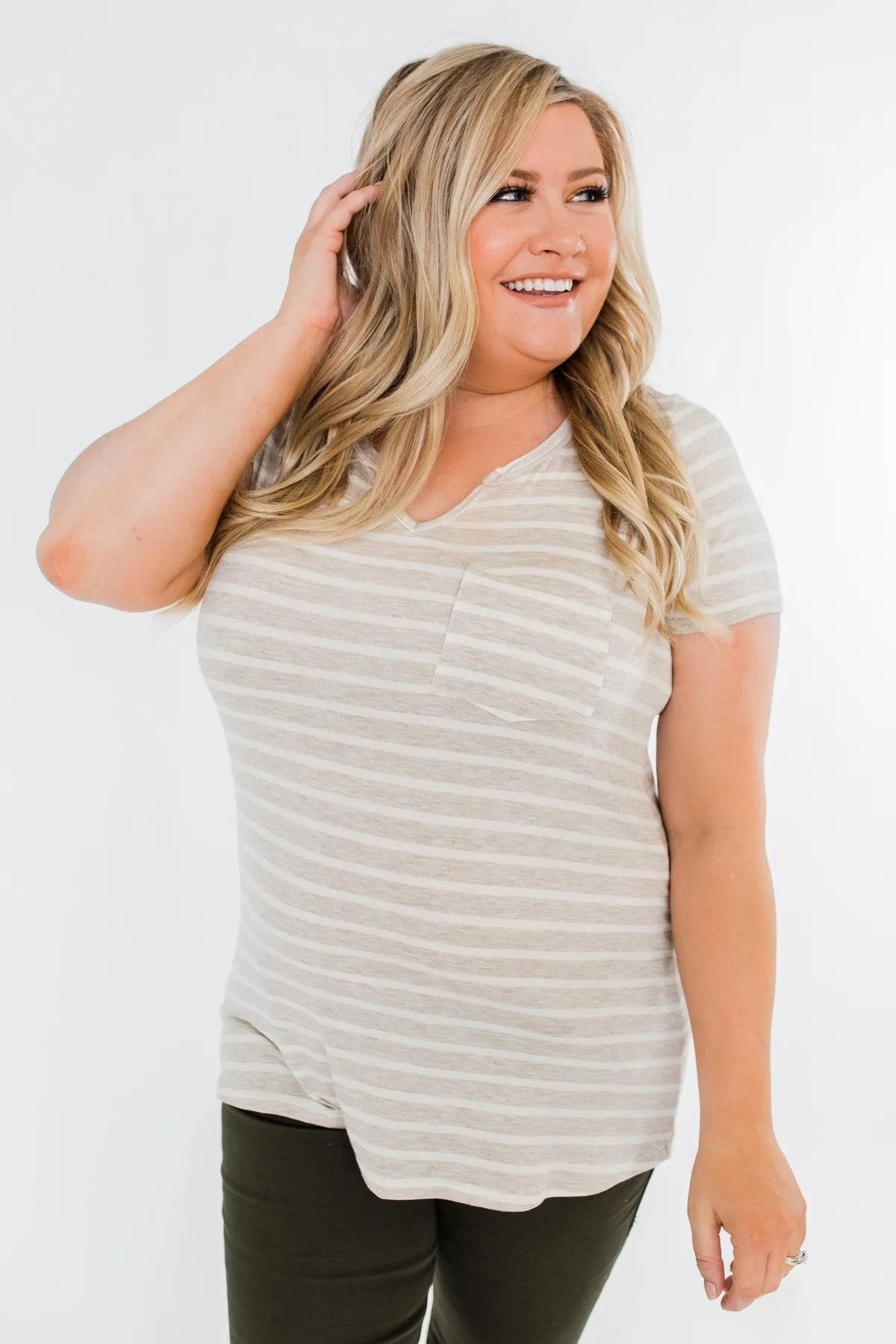 This is Me Striped Notch Pocket Top- Oatmeal & Ivory