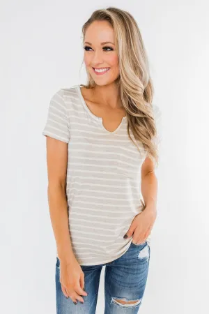 This is Me Striped Notch Pocket Top- Oatmeal & Ivory