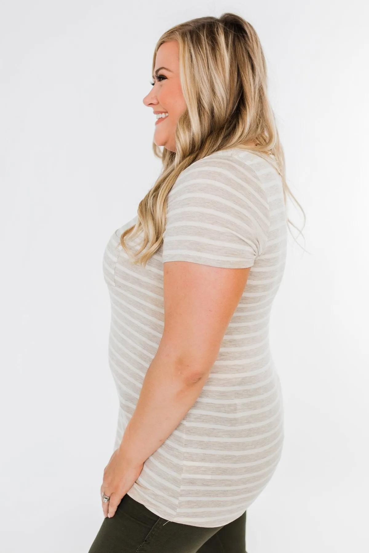 This is Me Striped Notch Pocket Top- Oatmeal & Ivory