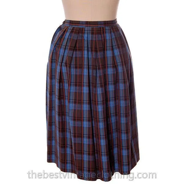 True Vintage 1950s Plaid Skirt Blue Cotton Pleated Shamrock Small